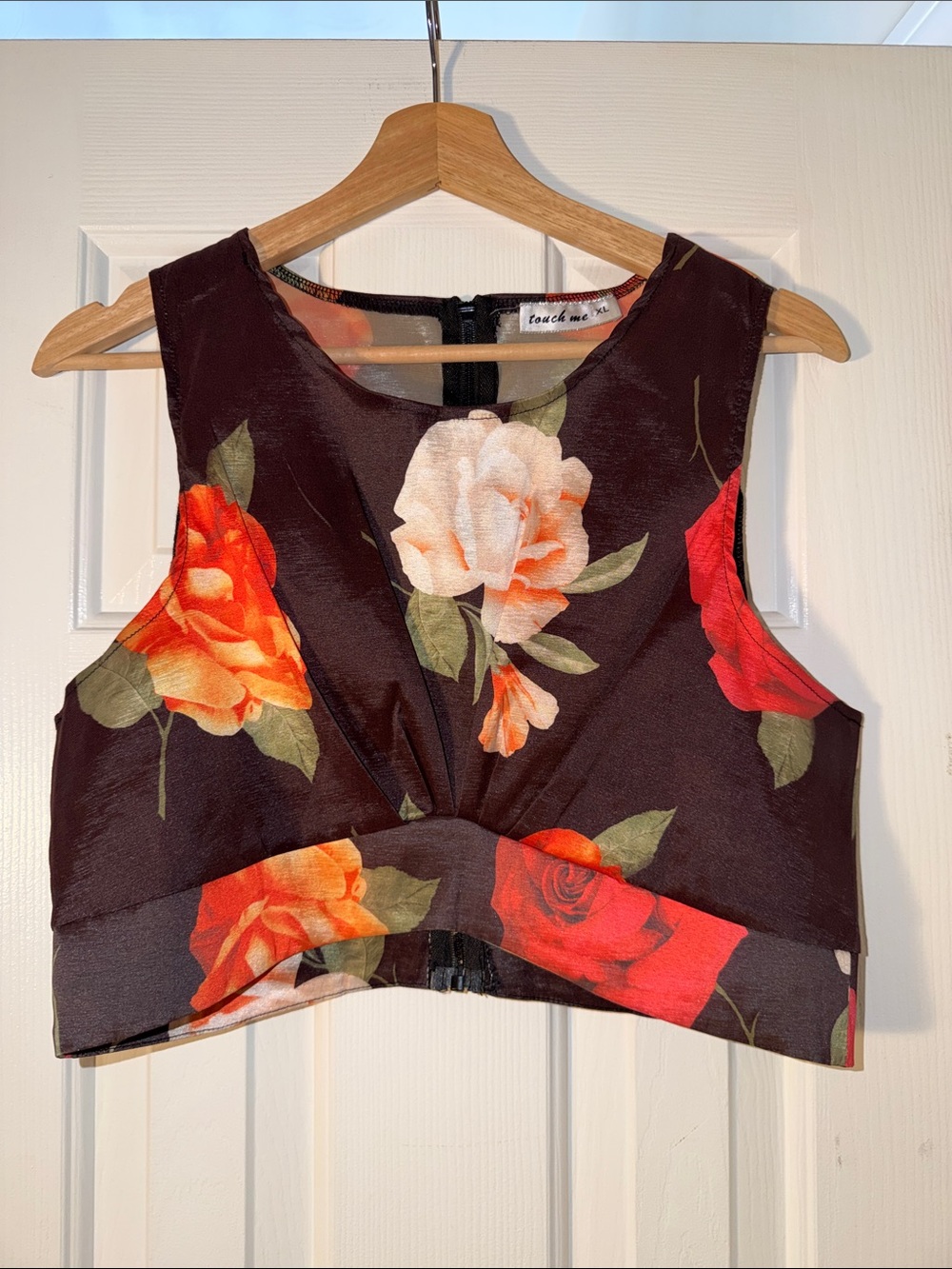 Floral Crop Top & Maxi Skirt Set Brown with Red & Orange Roses. XL